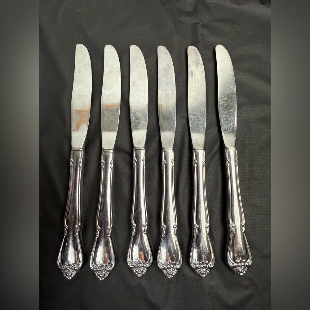 Vtg ONEIDA Arbor Rose True Rose Stainless Floral Handle Knives Hollow‎ Set of 6